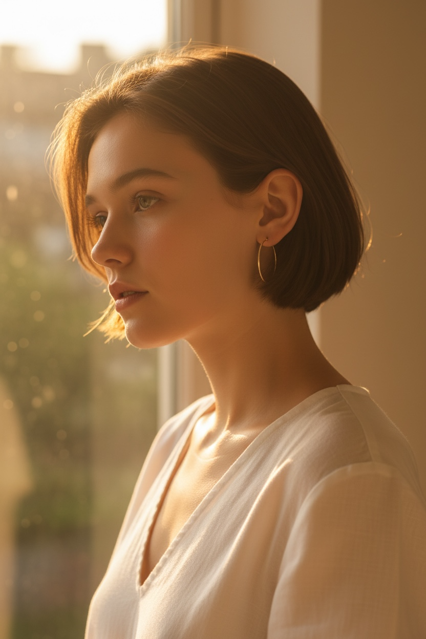 Woman with short hair wearing a white shirt and 14 karat gold filled hoop earrings