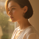 Woman with short hair wearing a white shirt and 14 karat gold filled hoop earrings