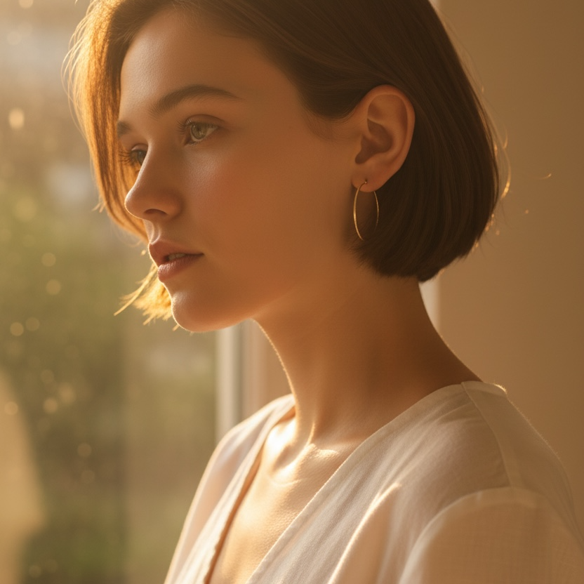 Woman with short hair wearing a white shirt and 14 karat gold filled hoop earrings