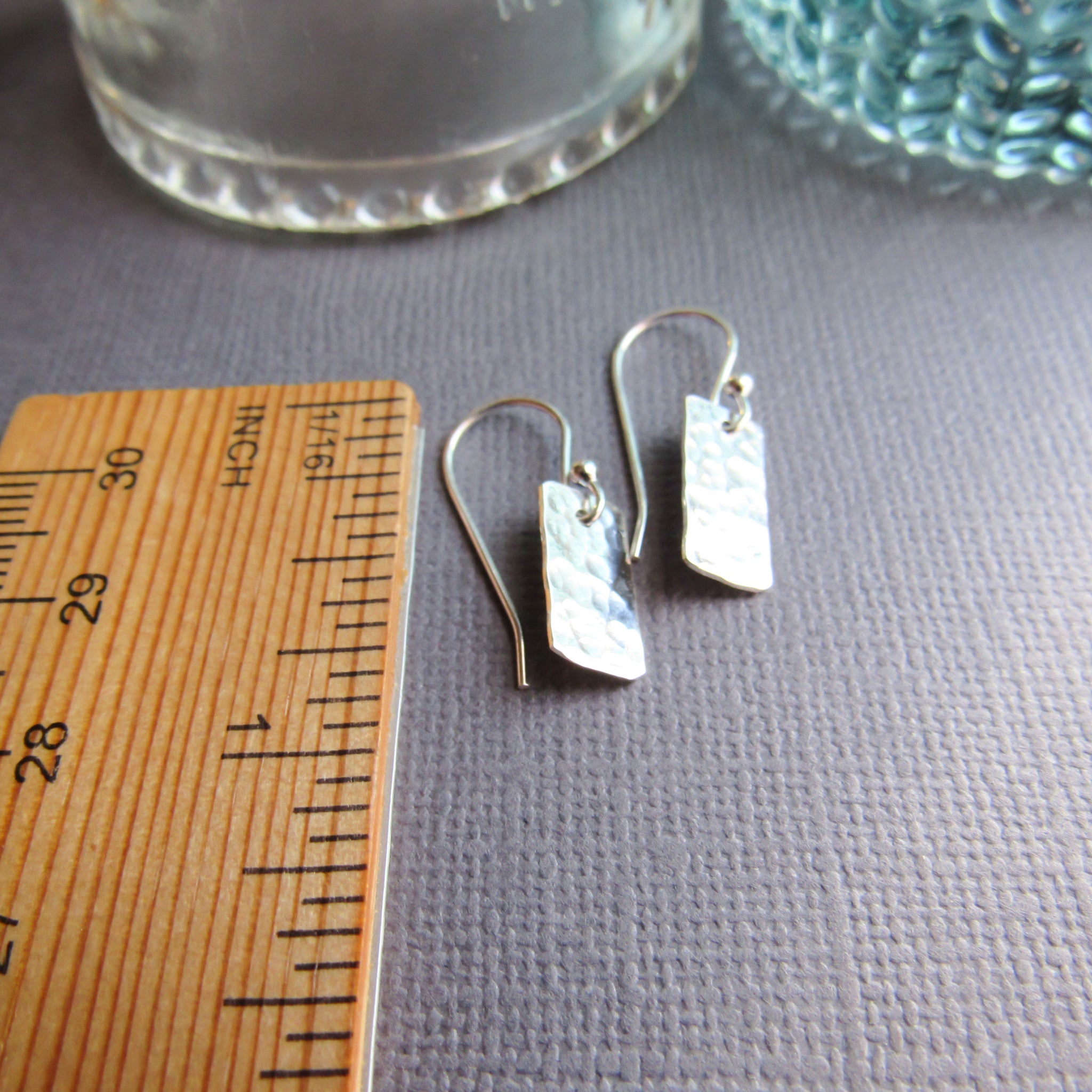 Hammered Rectangle Bar Earrings in Sterling Silver that are 2 and