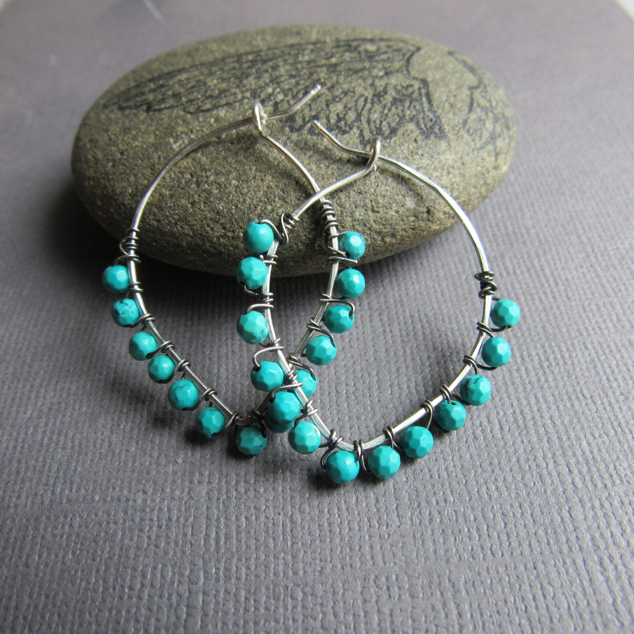 Turquoise wire wrap hoops