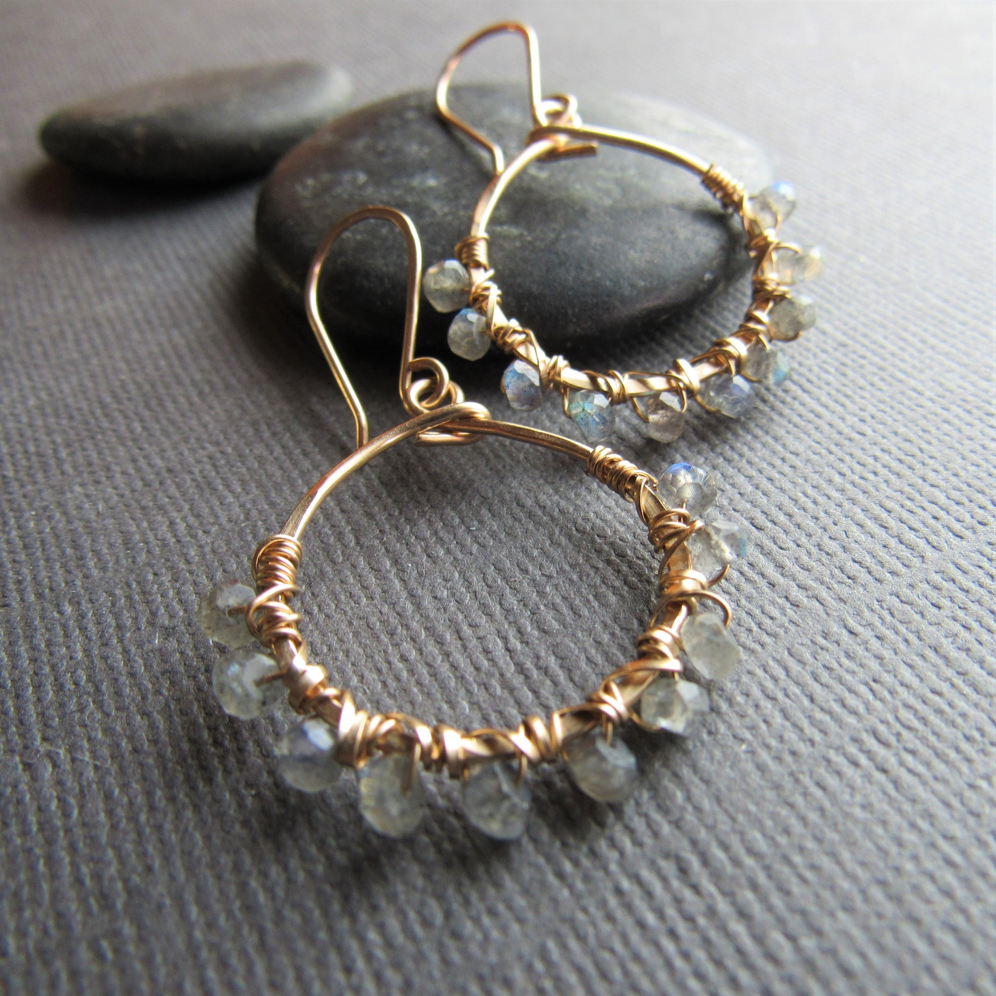 Gold Hoops with Labradorite Beads