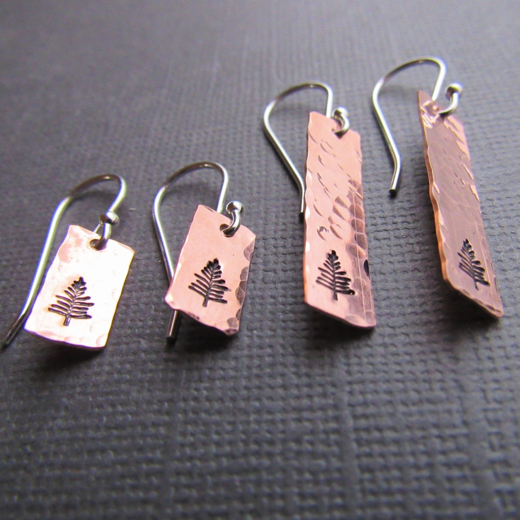 Copper Stick Style Earrings with Stamped Evergreen Tree