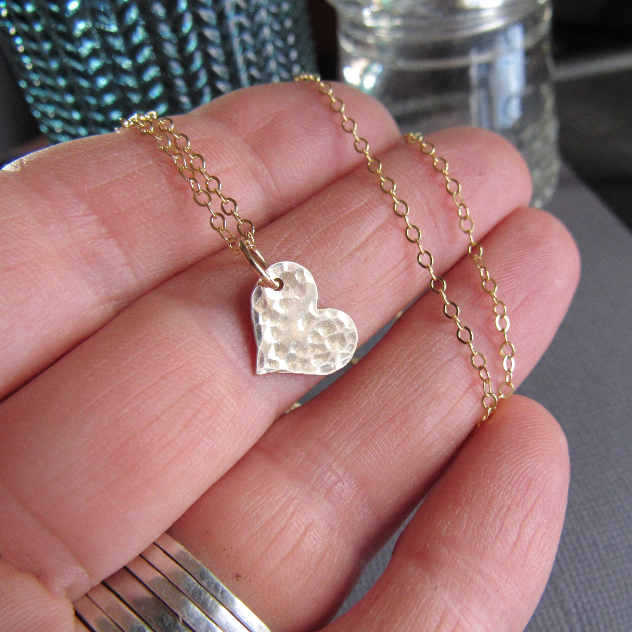 14K gold filled  is heart is hammered to sparkle and catch the light.