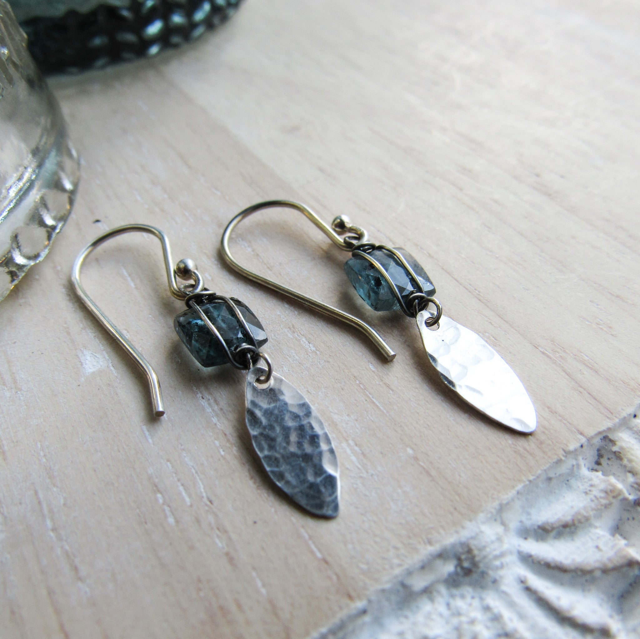 Petite moss kyanite silver leaf earrings
