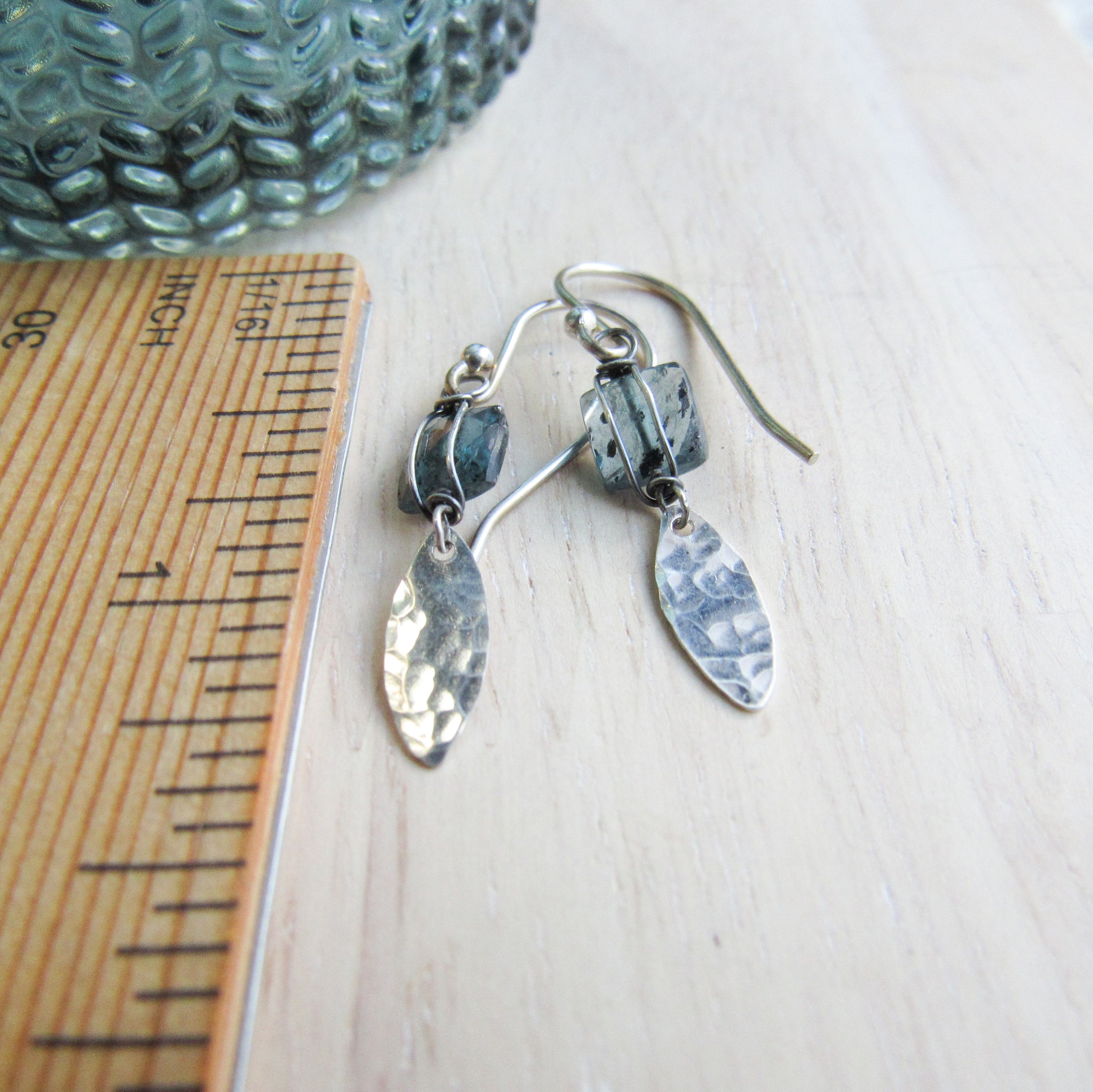 Petite moss kyanite silver leaf earrings