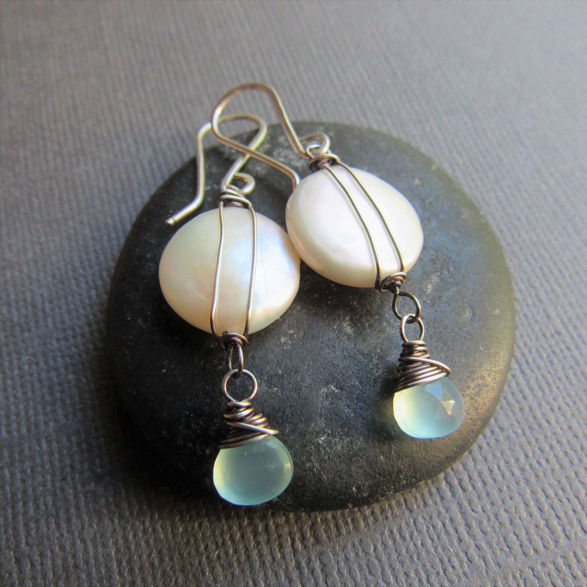 White Coin Pearls and Aqua Chalcedony Earrings