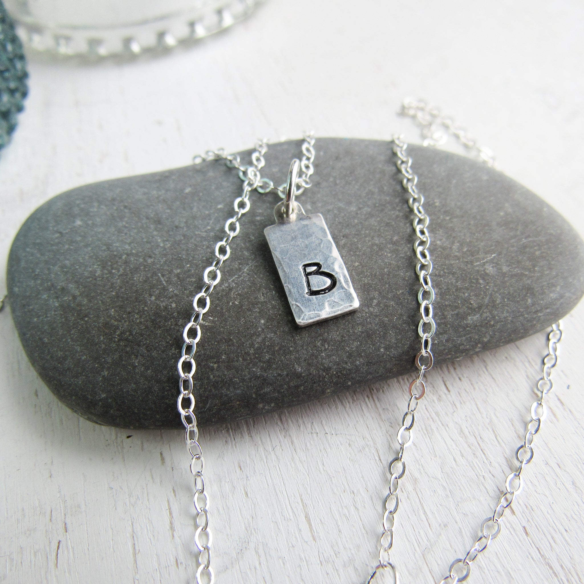 Stamped Sterling Silver Rectangle Charm Necklace