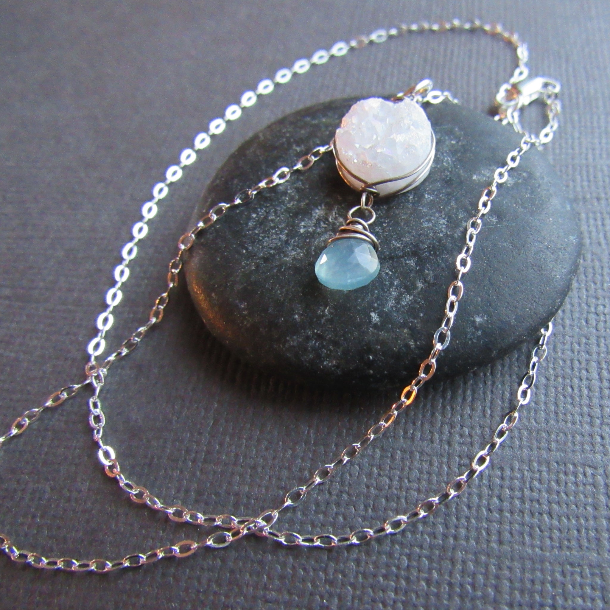 White Druzy & Aqua Chalcedony  Necklace