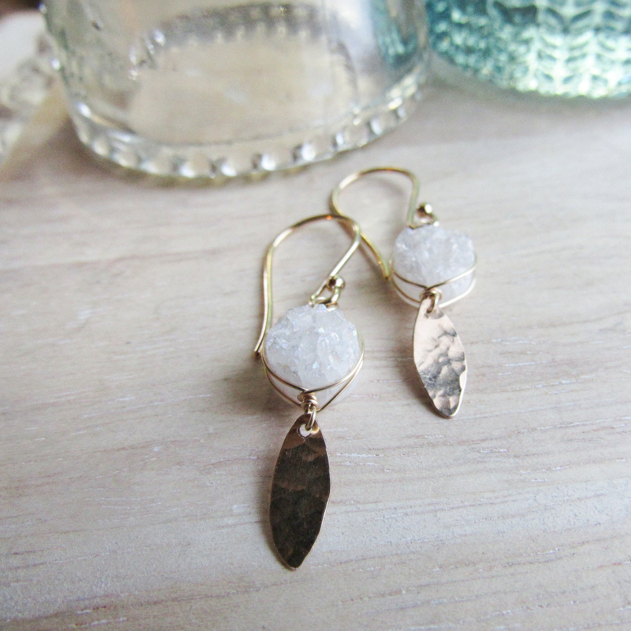 White Druzy and 14k Gold Earrings
