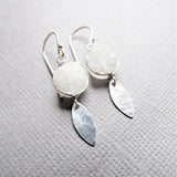 White Druzy Earrings With Silver Leaf Charm