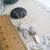 Long White Druzy Earrings with Hammered Silver Leaf Charm